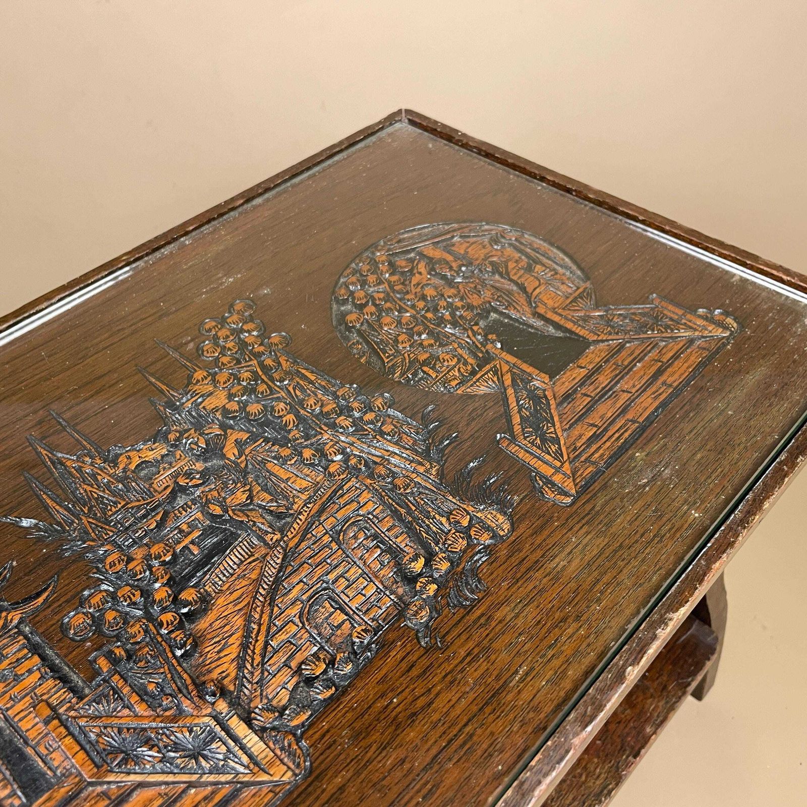 photo furniture Oriental Chinese Hardwood Table Antique Side End Rectangular Asian Coffee Tea Table Stand Home Accent Decorative Carved Dragons Glass Top