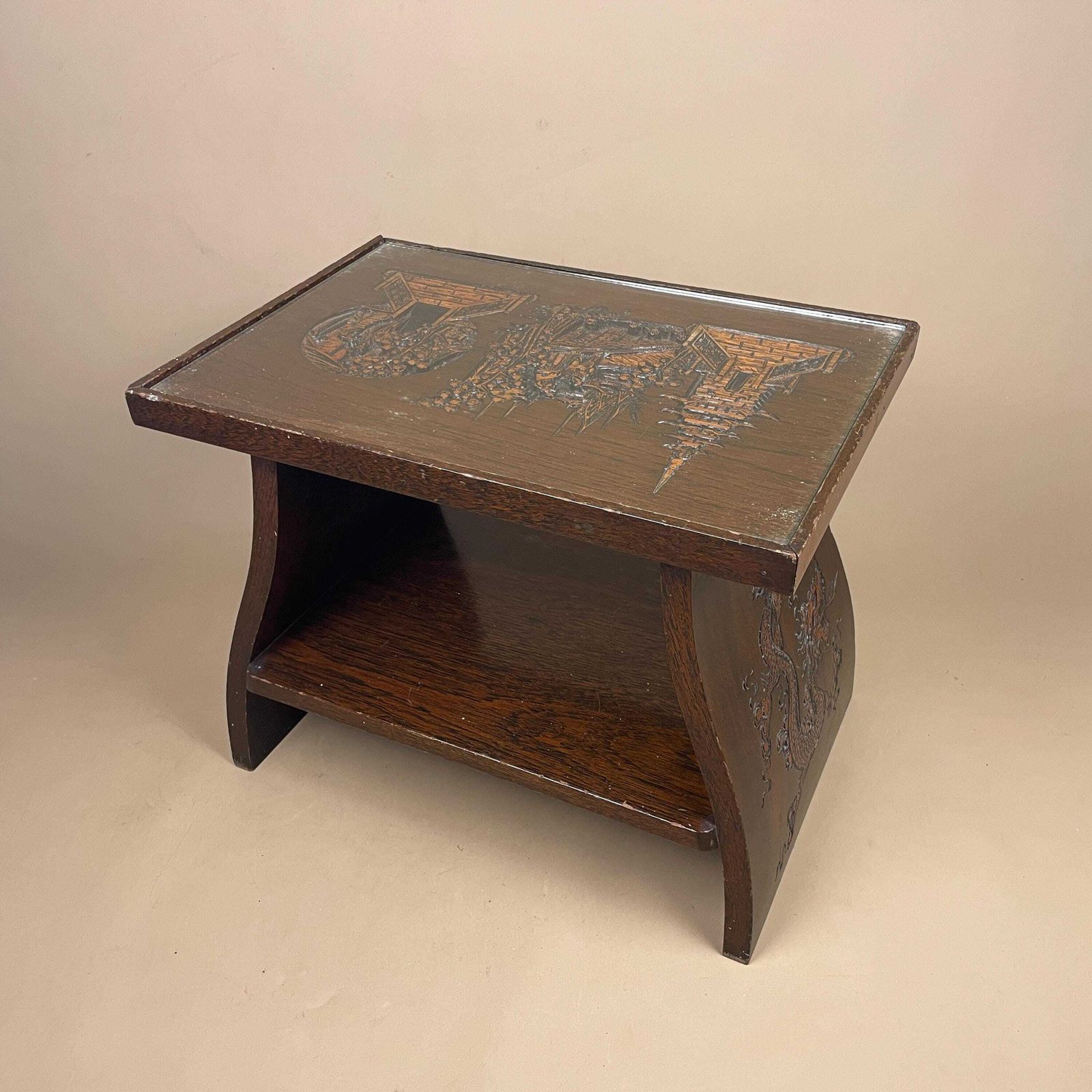 Furniture Oriental Chinese Hardwood Table Antique Side End Rectangular Asian Coffee Tea Table Stand Home Accent Decorative Carved Dragons Glass Top photo