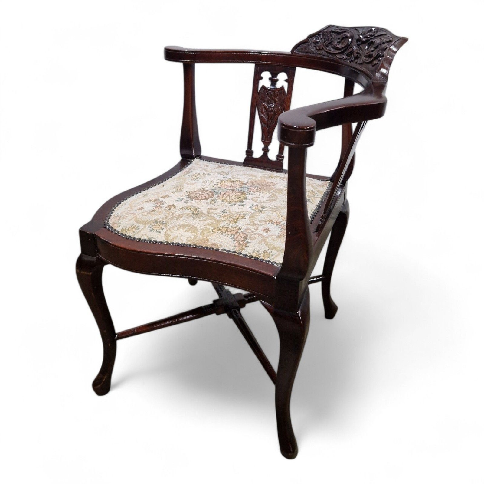 145.0 Victorian Corner Chair Carved Mahogany Bow Back Armchair Cabriole Legs Antique photo