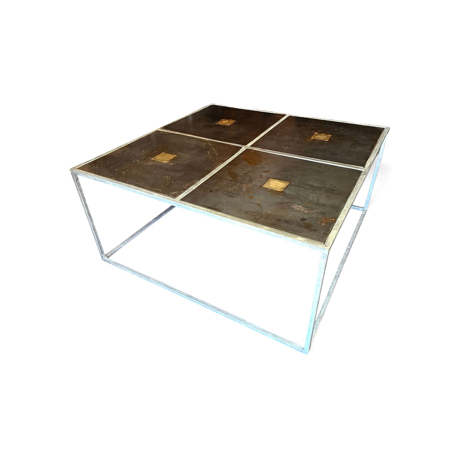 One Of A Kind Brutalist Coffee Table 1980s With Weighty Metal / Copper / Steel Tops / photo furniture