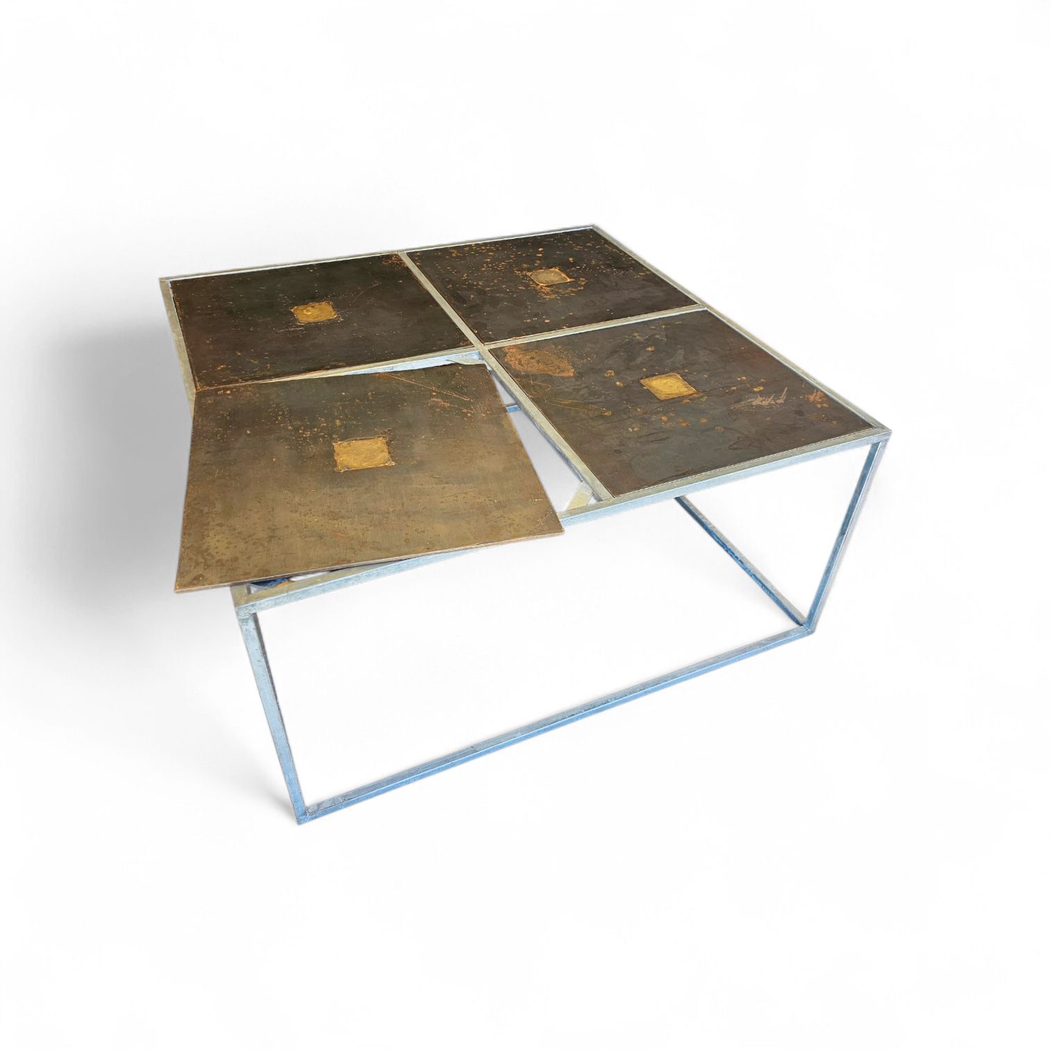 One Of A Kind Brutalist Coffee Table 1980s With Weighty Metal / Copper / Steel Tops / photo for sale