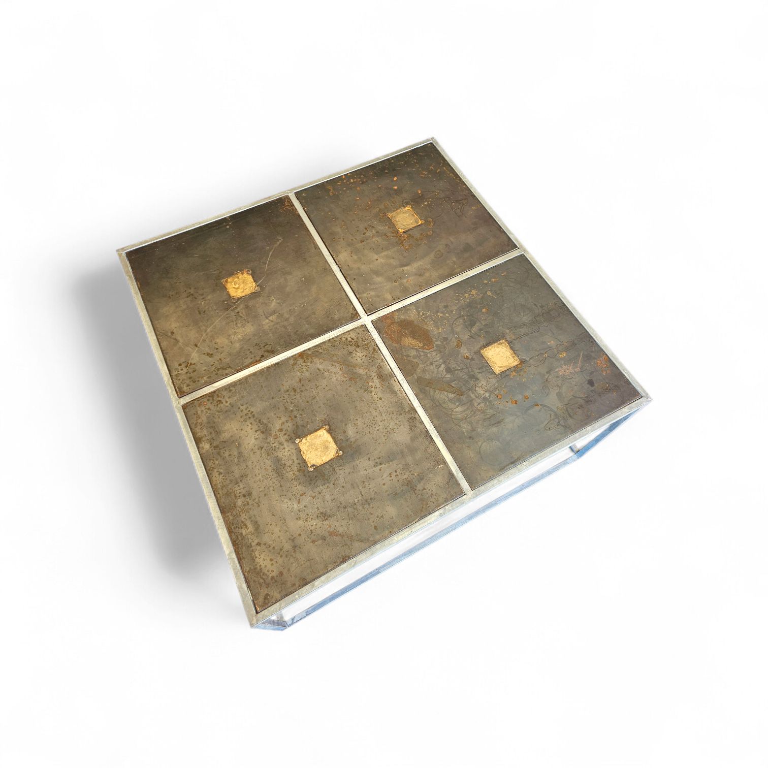 One Of A Kind Brutalist Coffee Table 1980s With Weighty Metal / Copper / Steel Tops / photo Furniture