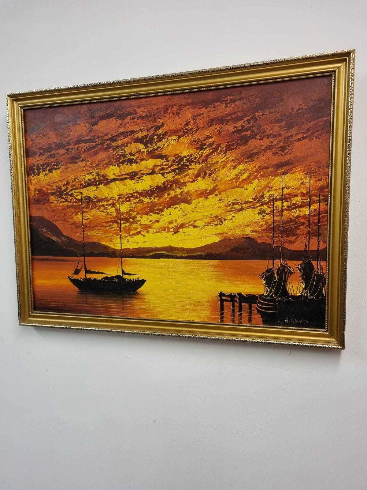 Vintage Oil Painting Sunset Harbour Scene / Signed A. Williams 1975. photo for sale