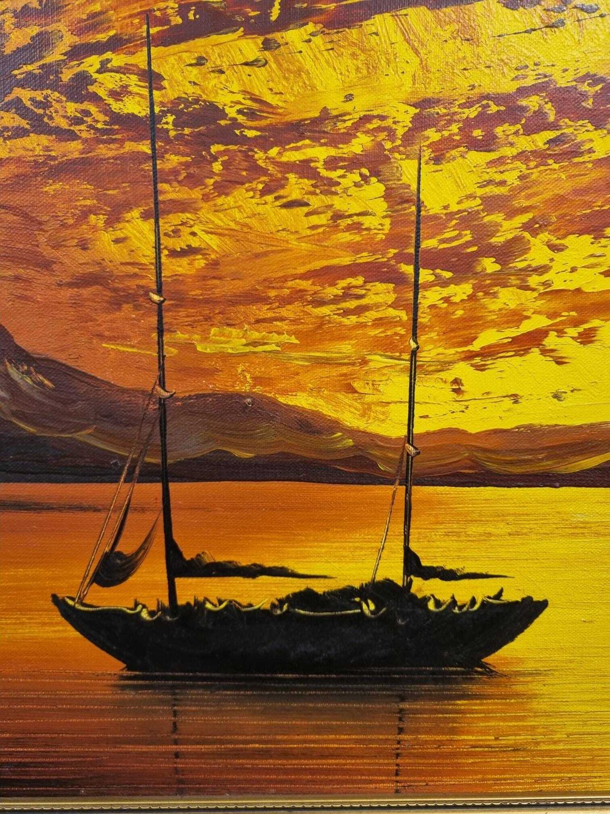 photo furniture Vintage Oil Painting Sunset Harbour Scene / Signed A. Williams 1975.