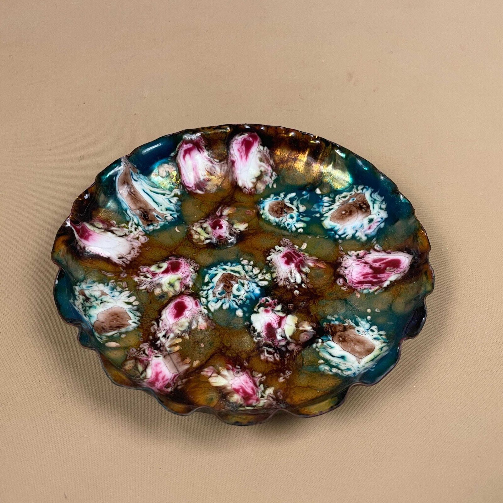 Vintage Esmaltes Garcia Enamel Metal Pink Gold Blue Trinket Dish Mid Century 1960's Patterned Tray Spanish Handmade Decorative Pattern