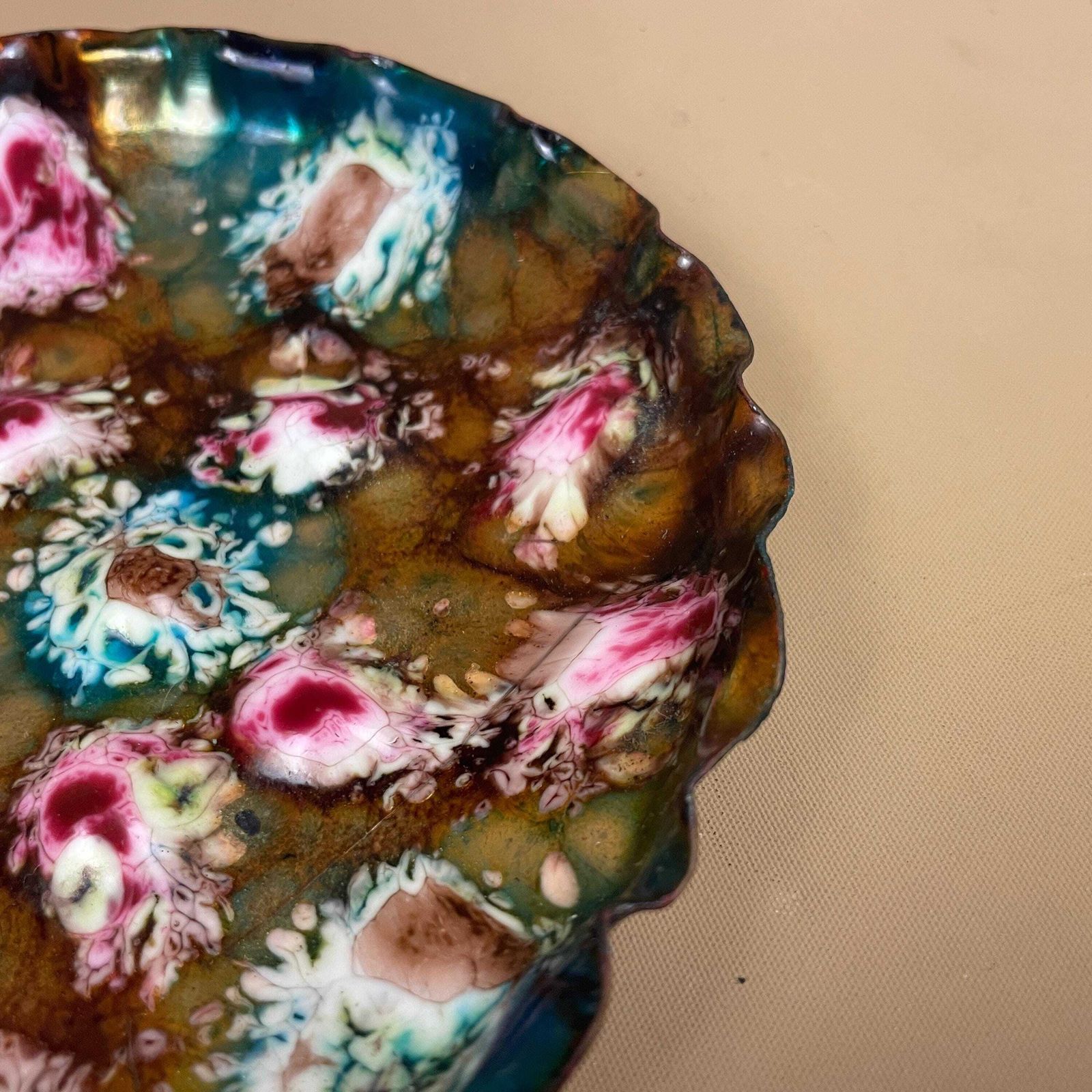 Vintage Esmaltes Garcia Enamel Metal Pink Gold Blue Trinket Dish Mid Century 1960's Patterned Tray Spanish Handmade Decorative Pattern photo vintage