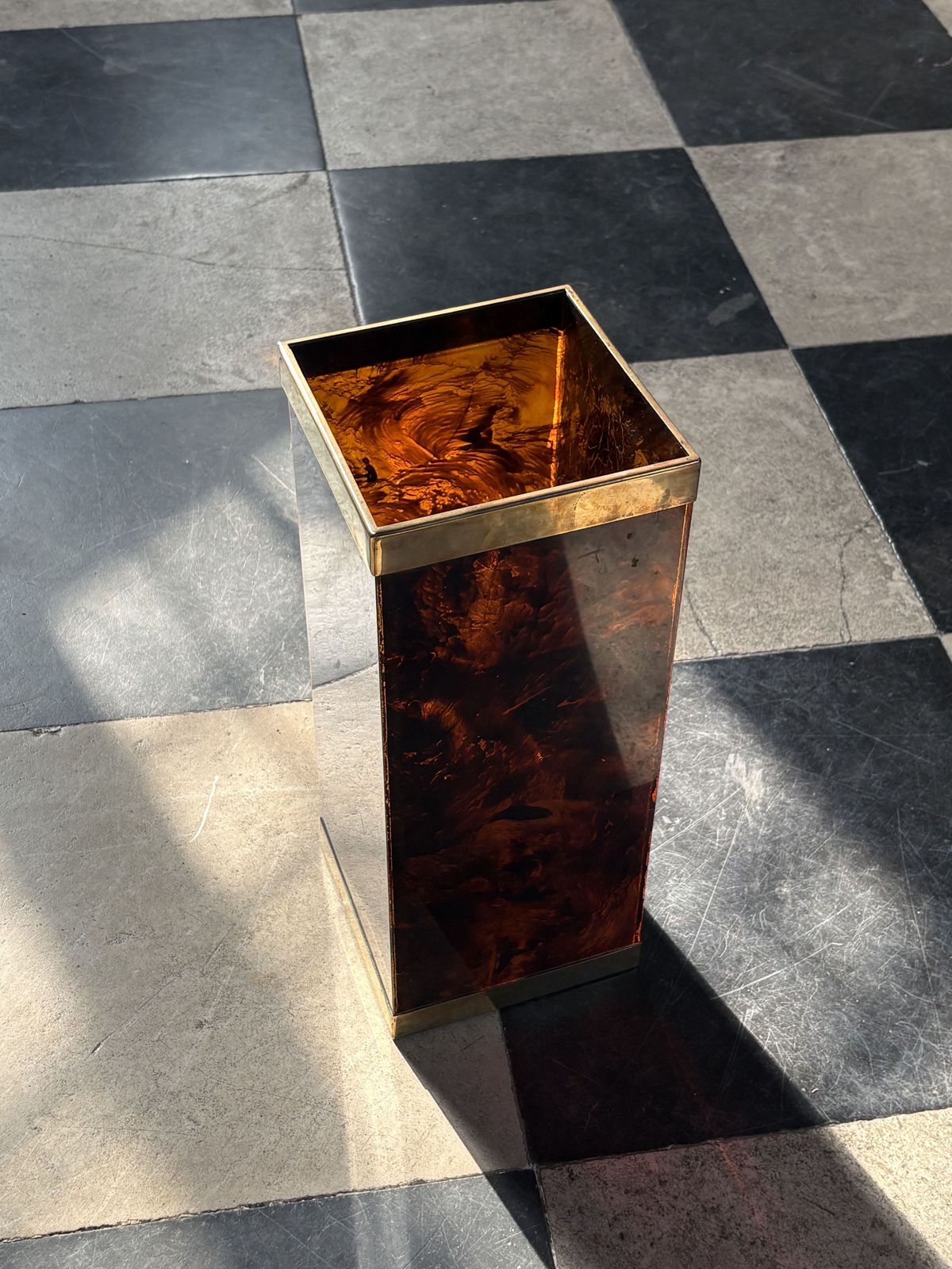 1970s Italian Tortoiseshell Effect Acrylic Umbrella Stand With Brass Trim, Attributed To Christian Dior photo furniture