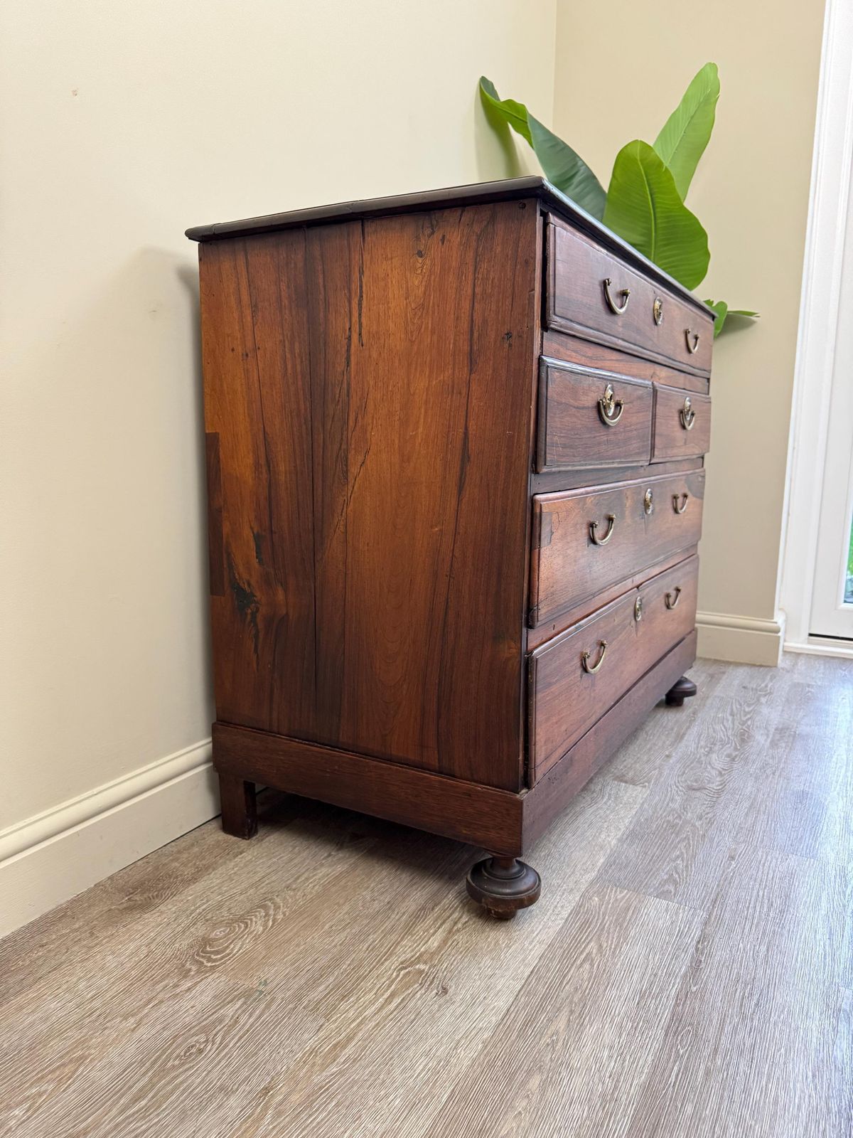 Solid Wood Rustic Dark Wood Antique Chest Of Drawers: Large 5 Drawer Dresser With Metal Handles photo Furniture