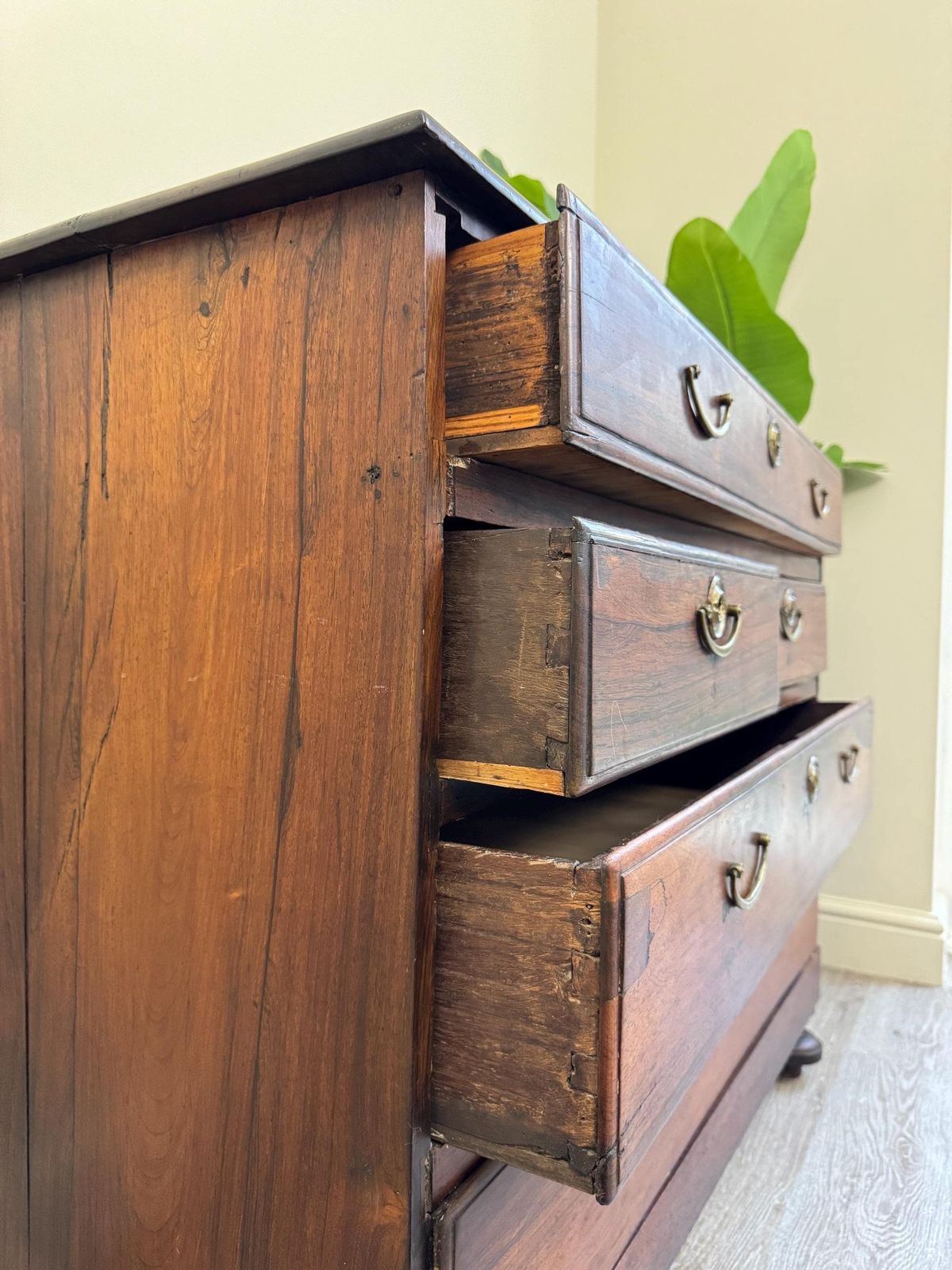 Solid Wood Rustic Dark Wood Antique Chest Of Drawers: Large 5 Drawer Dresser With Metal Handles photo vintage