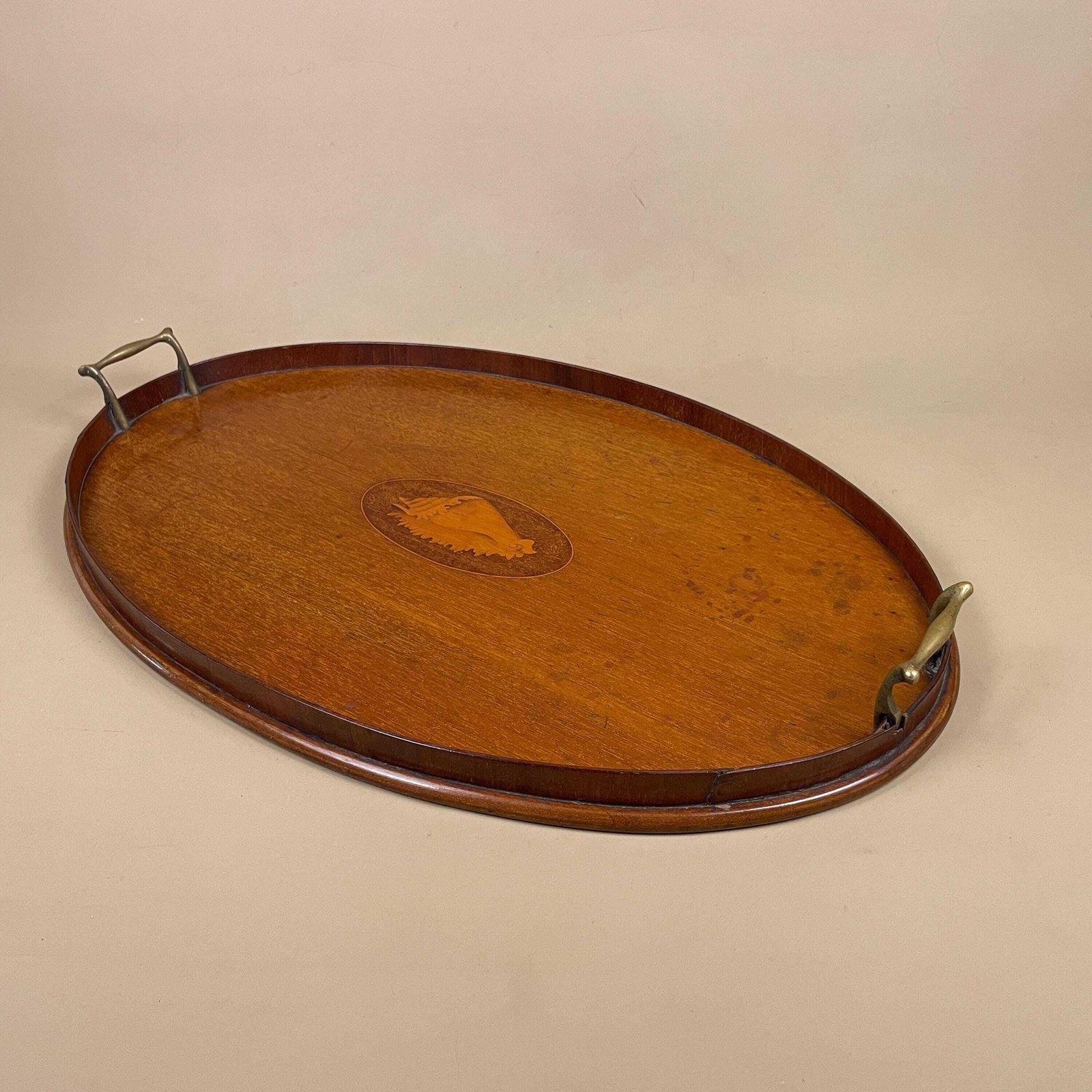 Antique Oval Wooden Tray Central Shell Motif Serving Display Tray Handmade Brass Handles Large Tea Tray Marquetry photo for sale