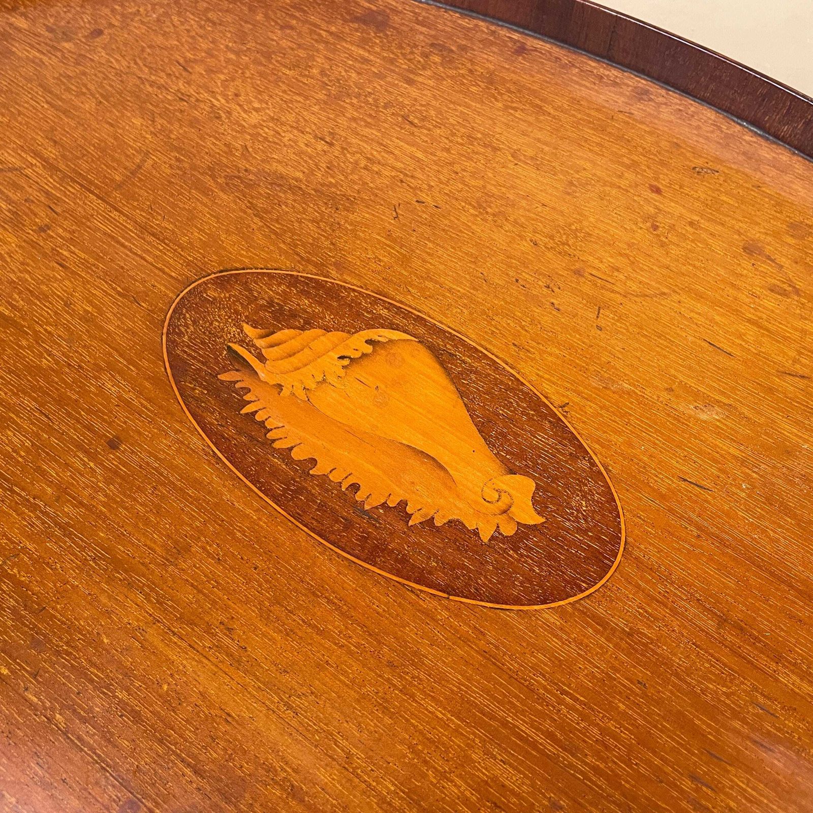 Antique Oval Wooden Tray Central Shell Motif Serving Display Tray Handmade Brass Handles Large Tea Tray Marquetry photo 145.0