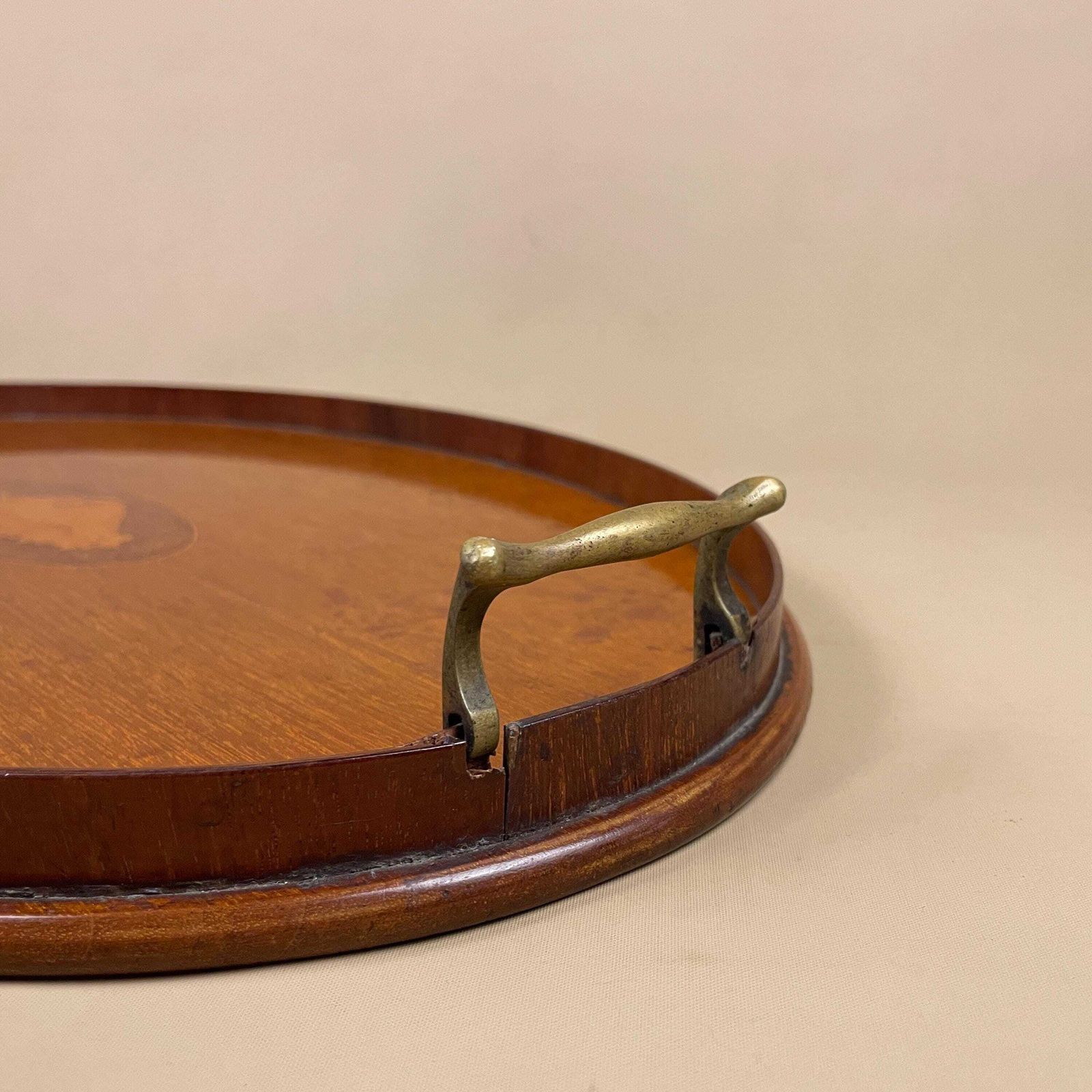Antique Oval Wooden Tray Central Shell Motif Serving Display Tray Handmade Brass Handles Large Tea Tray Marquetry photo vinterior