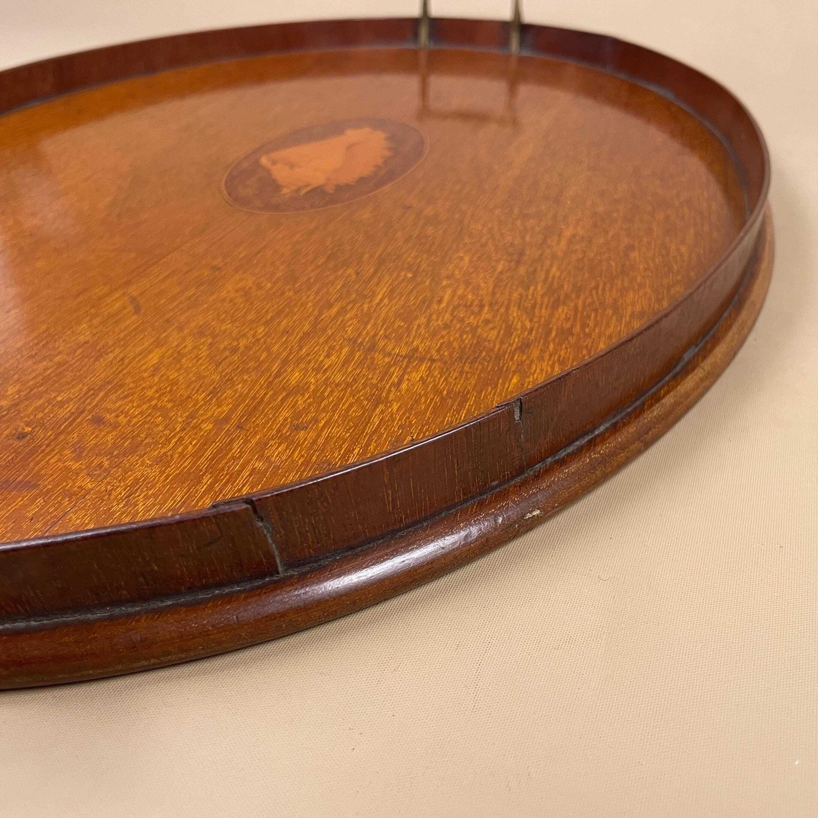 photo for sale Antique Oval Wooden Tray Central Shell Motif Serving Display Tray Handmade Brass Handles Large Tea Tray Marquetry
