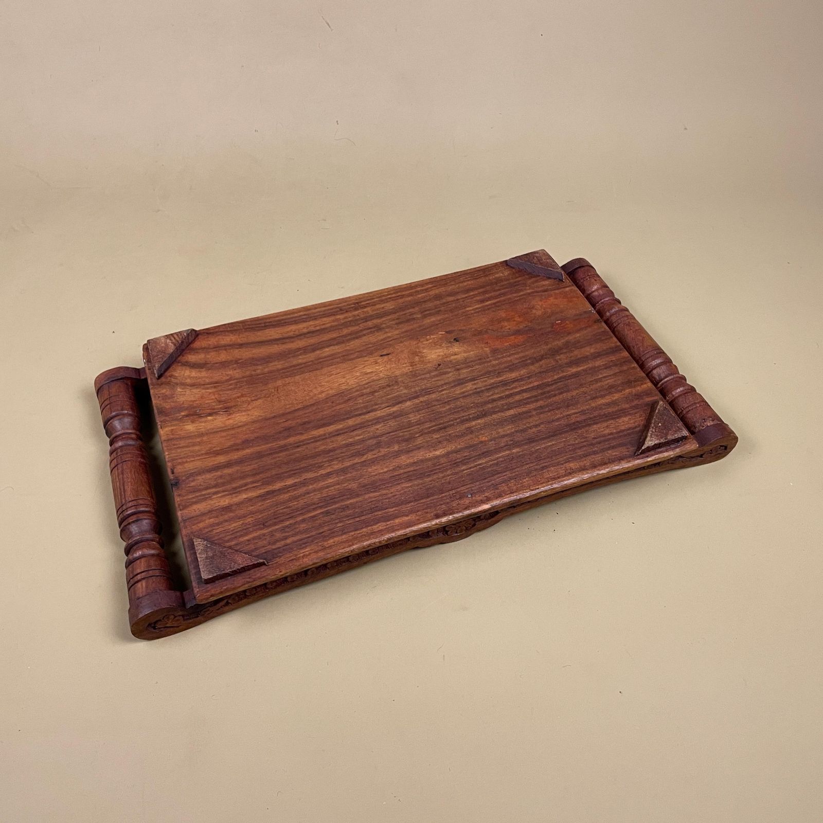 photo for sale Antique Wooden Tray Handles Gold Metal Inlay Leaf Motif Rectangular Ornate Wood Original Display Serving Tea Tray