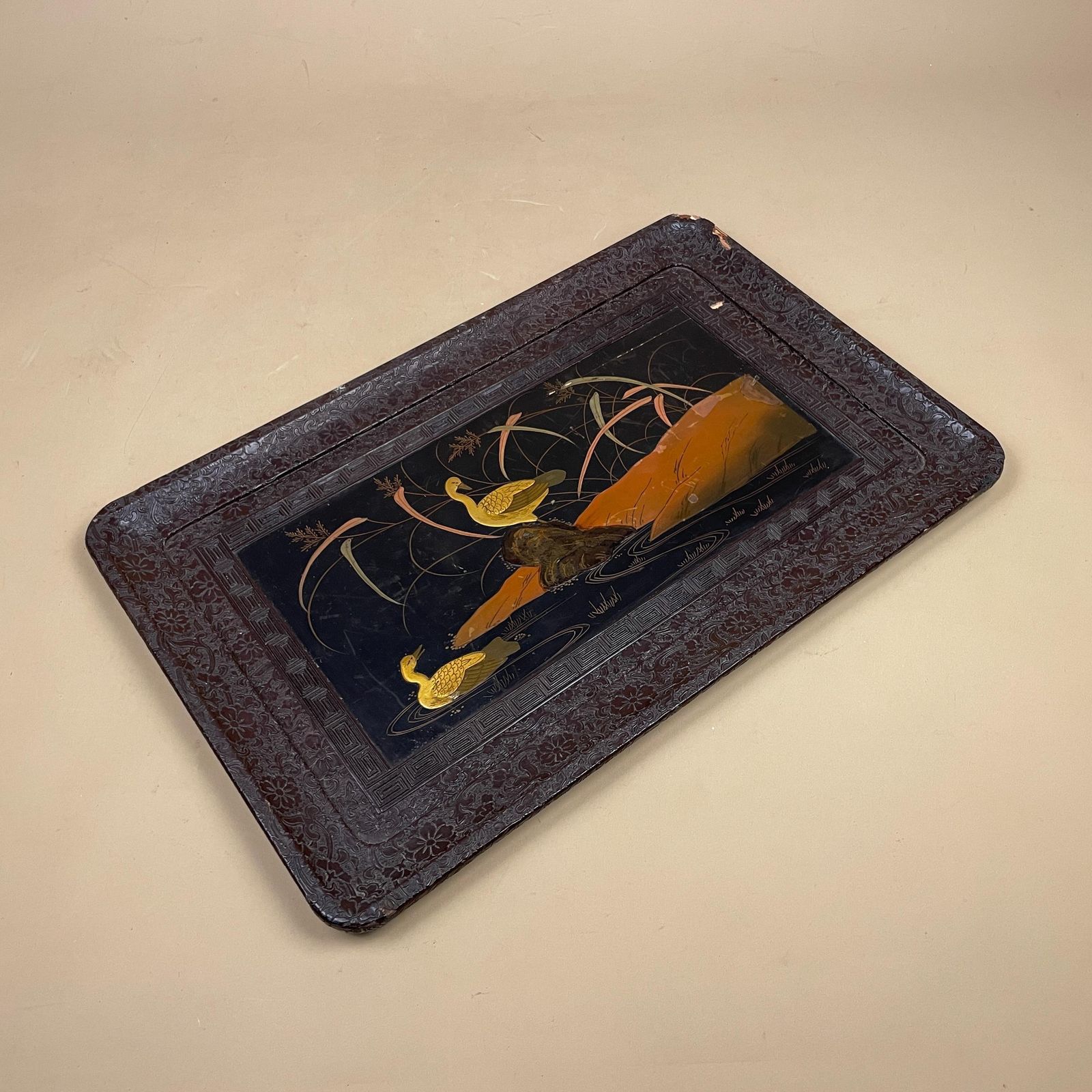 Japanese Tray Hand Painted Duck Scene Black Lacquer Wood Carving Hand Carved Rectangular Asian Oriental Antique Style photo Home Decor