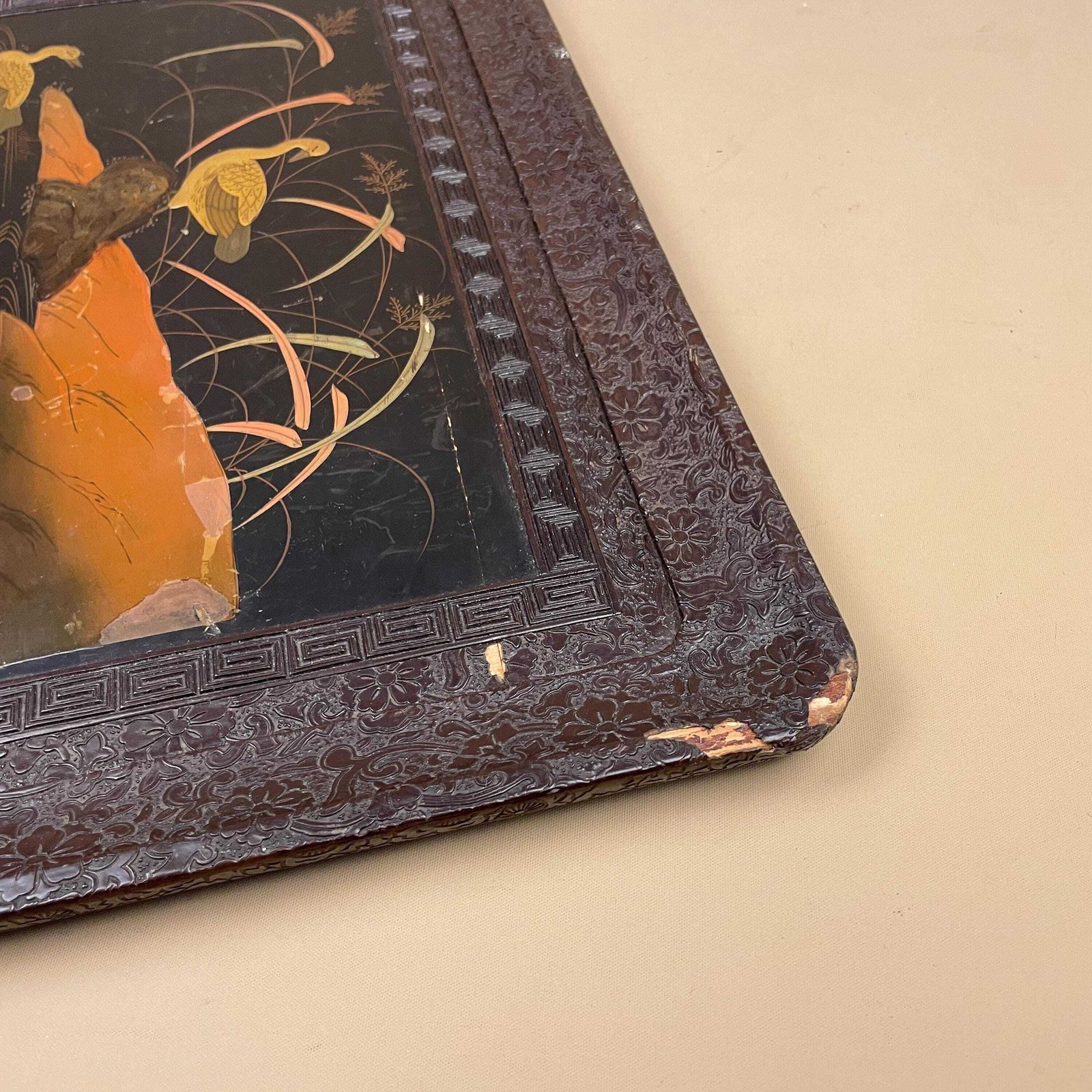 Japanese Tray Hand Painted Duck Scene Black Lacquer Wood Carving Hand Carved Rectangular Asian Oriental Antique Style photo vinterior
