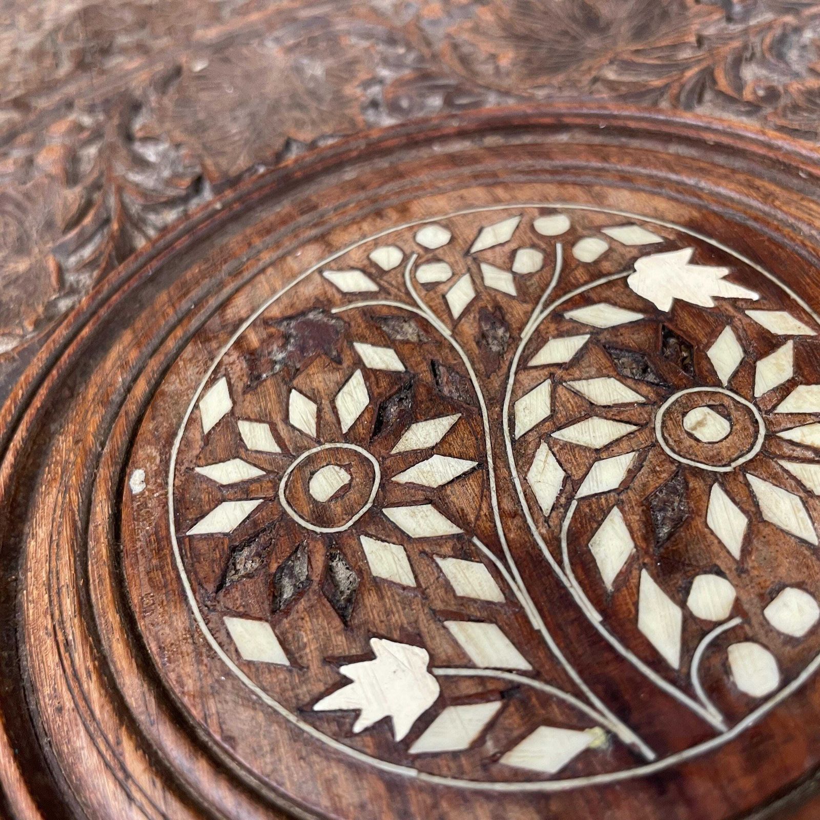 photo for sale Indian Wooden Table Decorative Intricate Patterned Inlay Top Hand Crafted Round Vintage Antique Asian Plant Stand Floral Pattern Small Wood