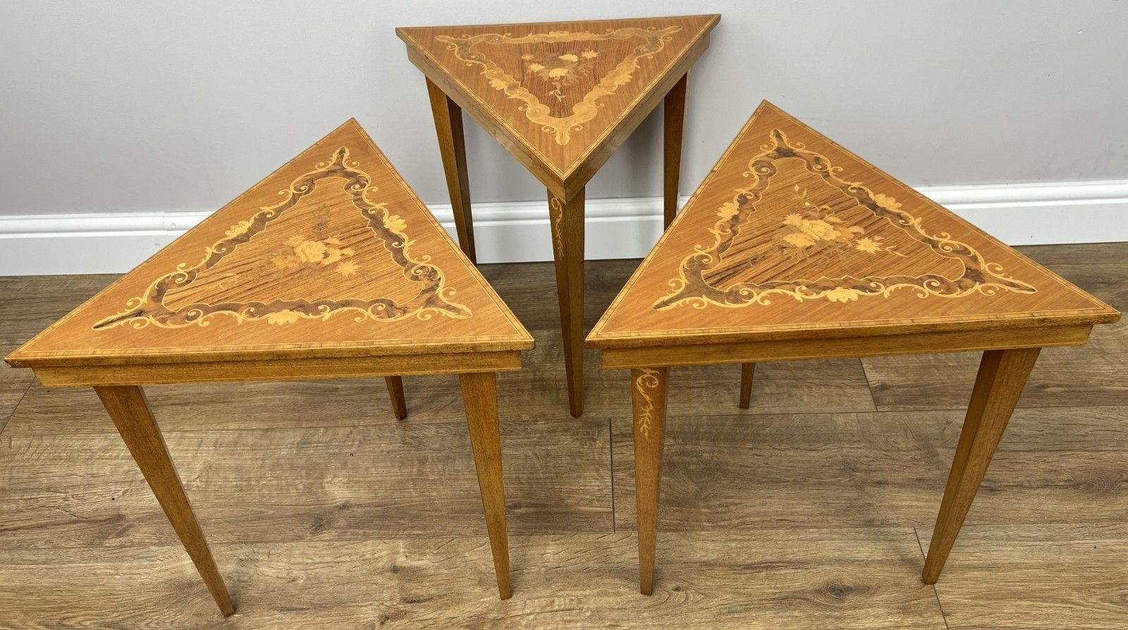 Vintage French Nested Triangle Inlaid Set 3 Pieces Carved Tables Lot 4906 photo for sale