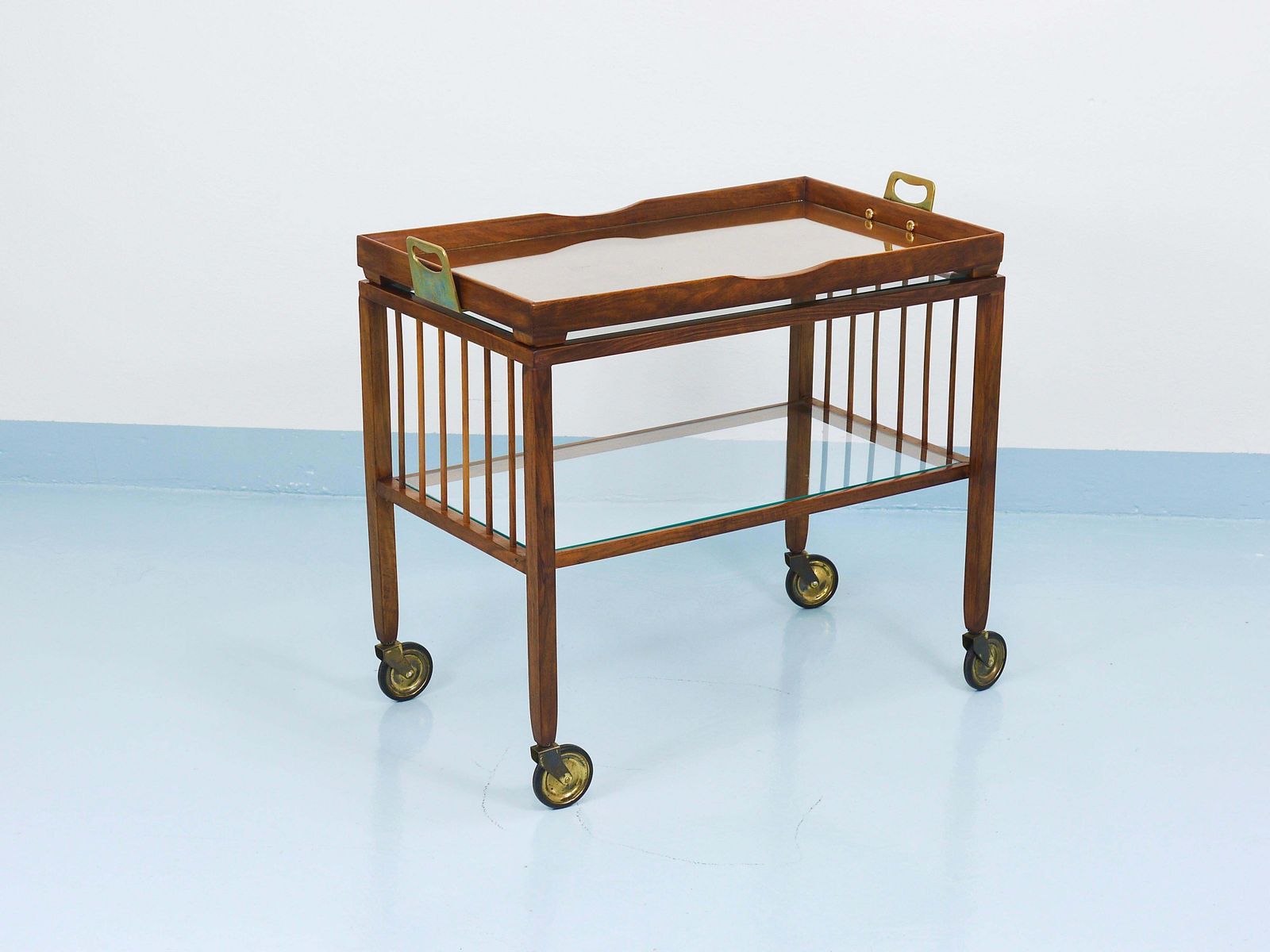 Oswald Haerdtl Vienna Modernism Walnut & Brass Bar Cart, Serving Trolley, 1950s photo Furniture