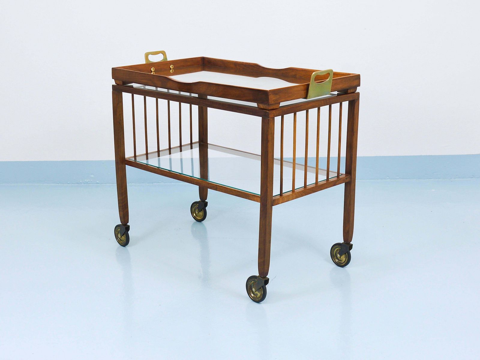 4505.0 Oswald Haerdtl Vienna Modernism Walnut & Brass Bar Cart, Serving Trolley, 1950s photo
