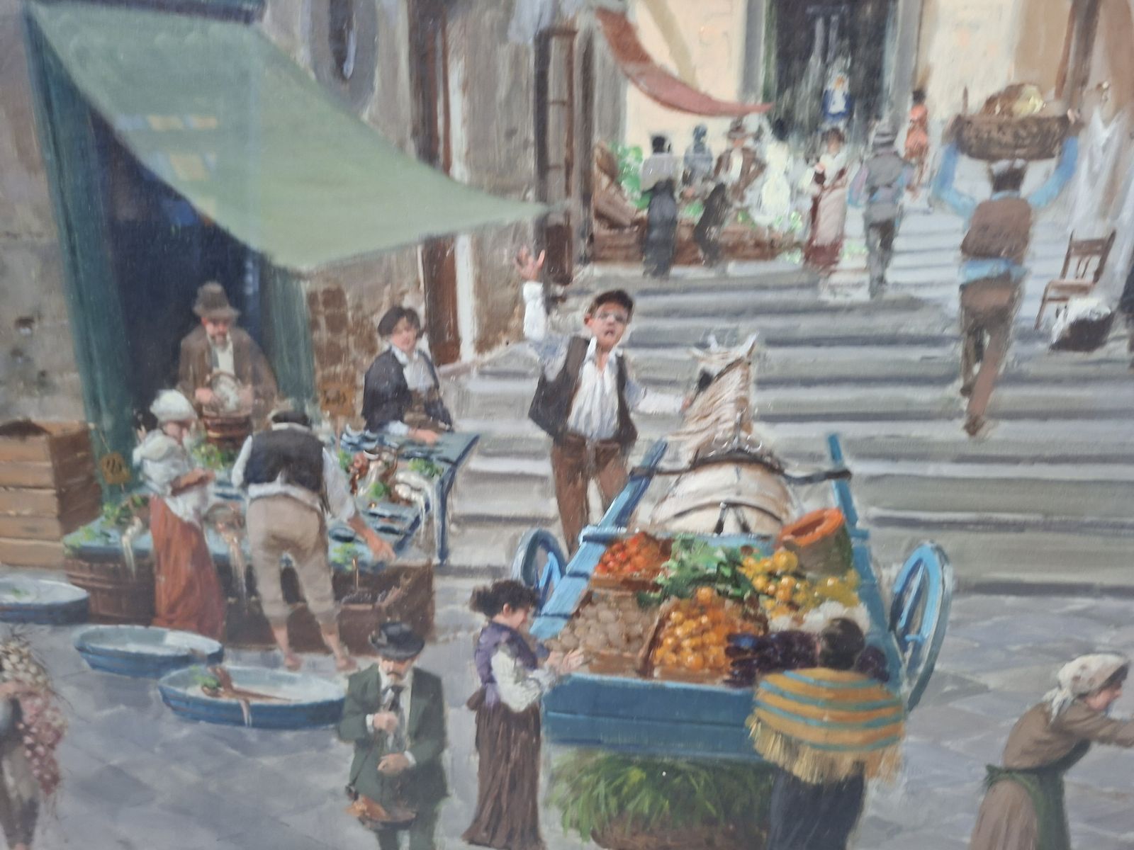 Dipinto A Olio Di Francesco Tammaro Scena Di Mercato Napoletana 80x130 Cm photo furniture