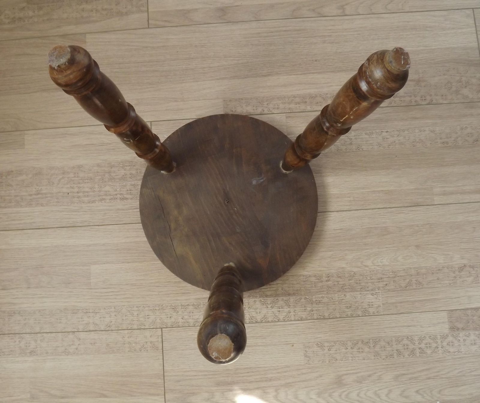 Vintage French Hand Made Wood Milking Stool 3 Spindle Legs Bullseye Seat. French Vintage Stool. 3 Legged Stool; Childs Stool. Plant Stand. photo vintage
