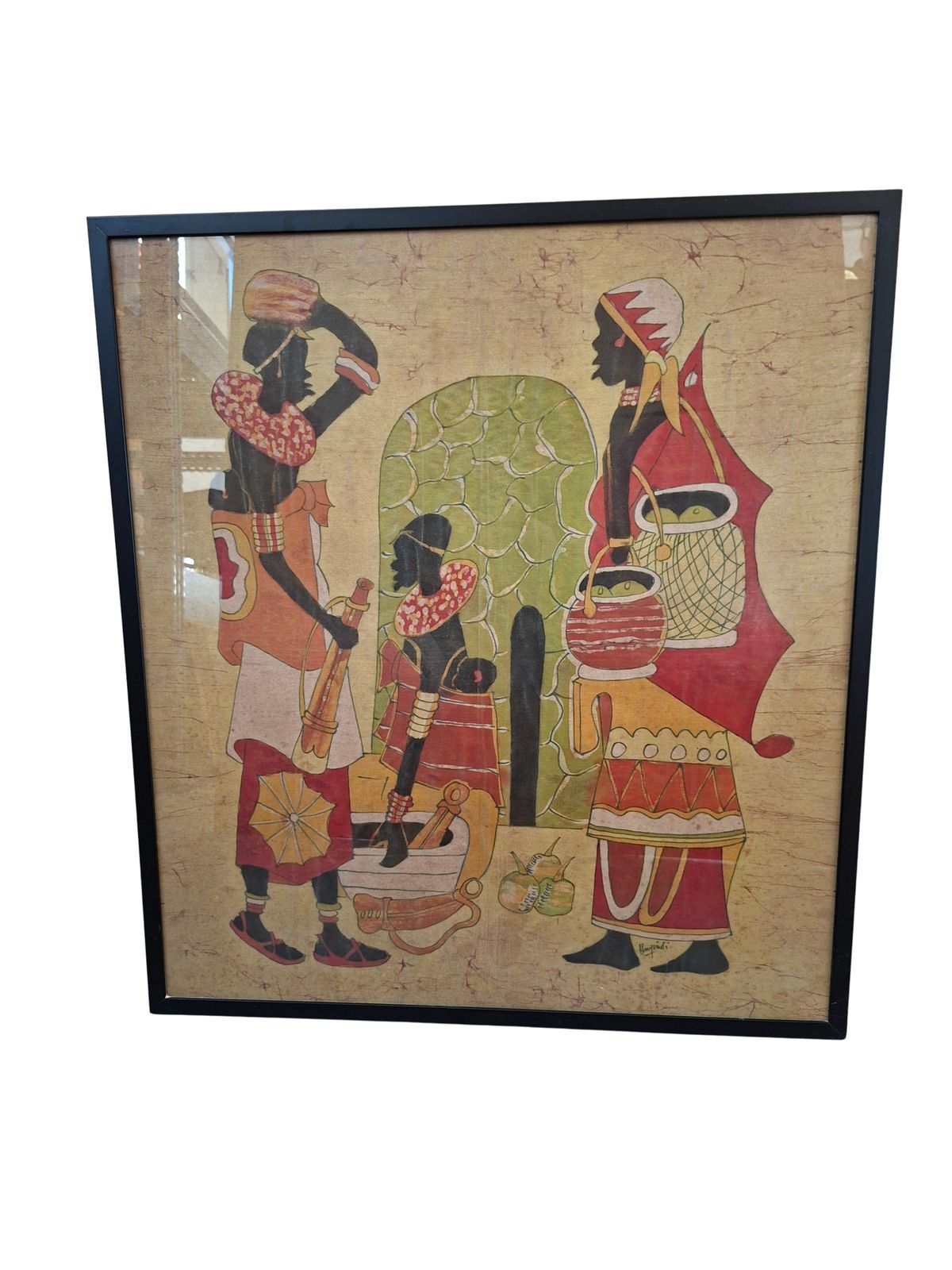 Grande Quadro Batik Africano Originale Firmato "Hamidi" Arte Su Tessuto 88x79 Cm photo vintage