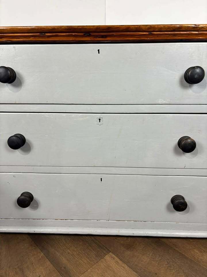 Victorian Pine Three Drawer Painted Chest With Stripped Top photo for sale