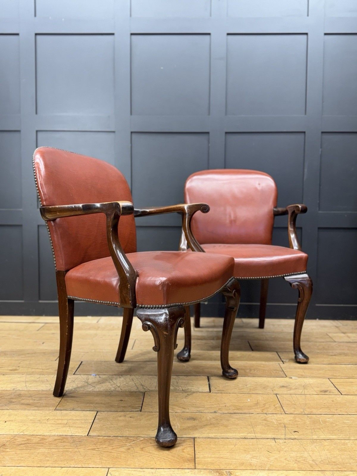 Antique Pair Of Gainsborough Style Mahogany Armchairs Desk Study Carver Chairs photo for sale
