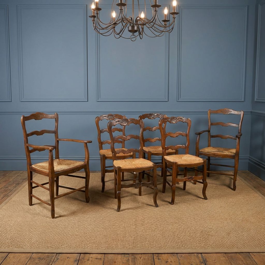 Antique French Set Of 6 Six Louis XV Style Oak Ladder Back Rush Seat Kitchen Dining Chairs (Circa 1920)