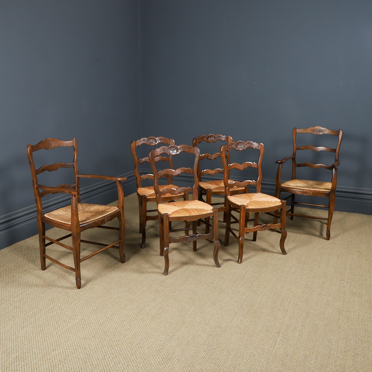 Antique French Set Of 6 Six Louis XV Style Oak Ladder Back Rush Seat Kitchen Dining Chairs (Circa 1920) photo furniture