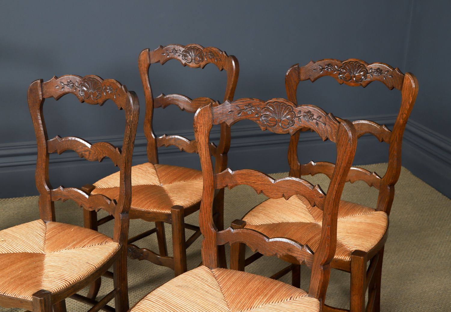 Antique French Set Of 6 Six Louis XV Style Oak Ladder Back Rush Seat Kitchen Dining Chairs (Circa 1920) photo vinterior