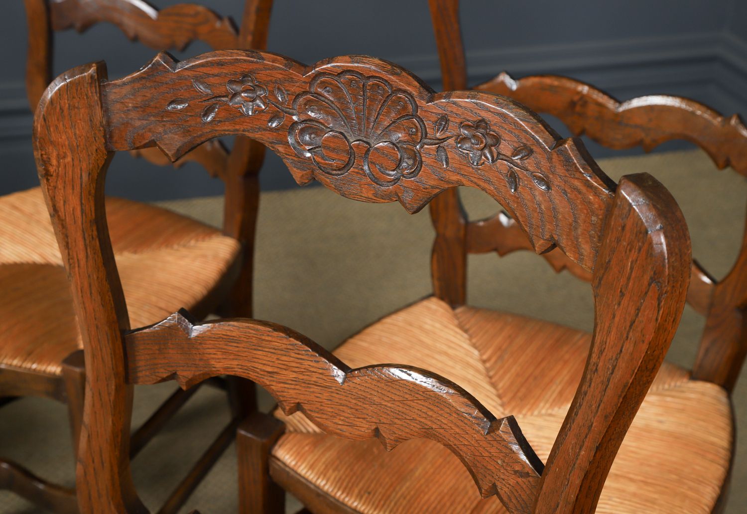 photo furniture Antique French Set Of 6 Six Louis XV Style Oak Ladder Back Rush Seat Kitchen Dining Chairs (Circa 1920)