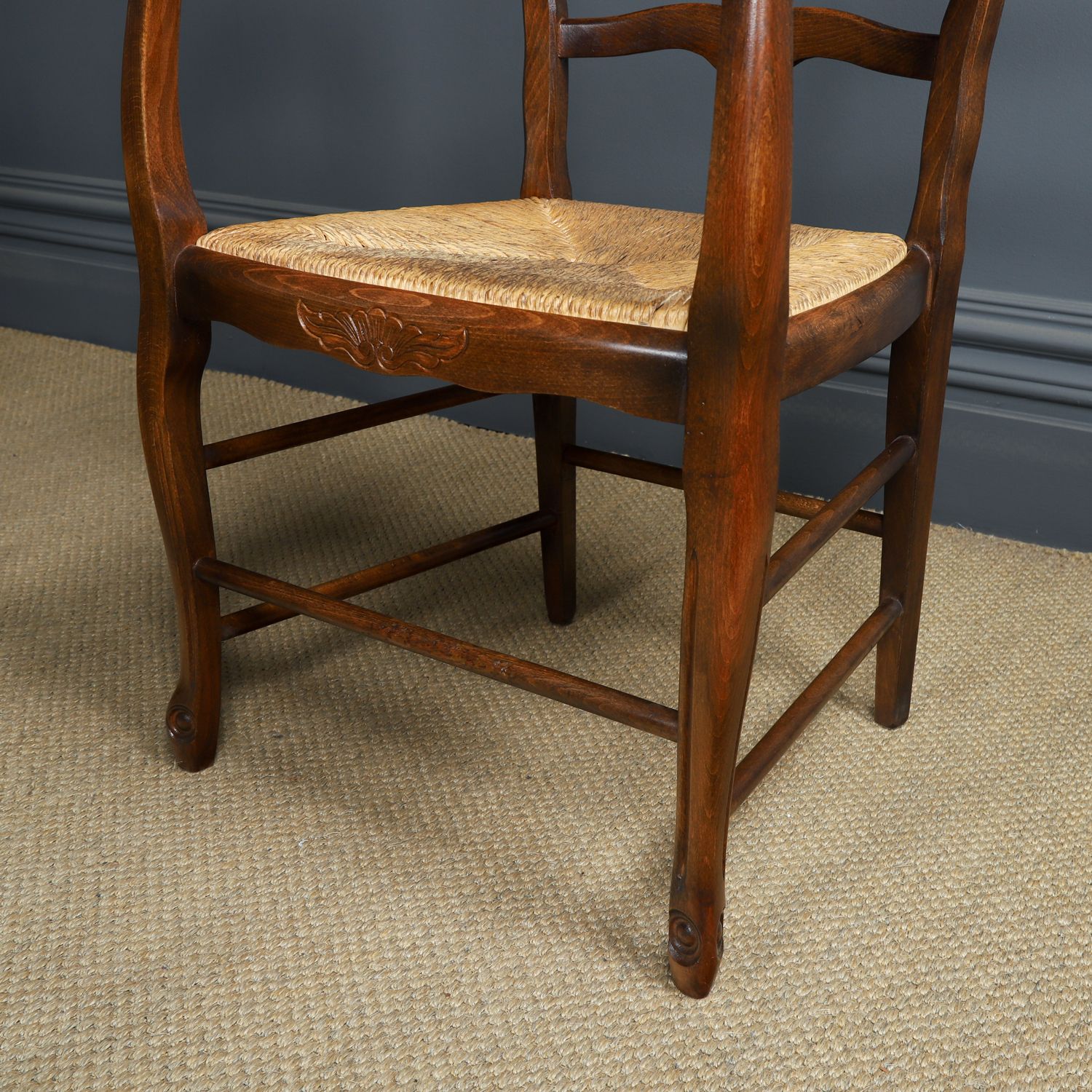 photo buy Antique French Set Of 6 Six Louis XV Style Oak Ladder Back Rush Seat Kitchen Dining Chairs (Circa 1920)