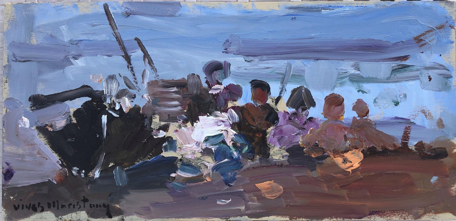 Joan Vives Maristany Mediterranean Beach Picnic Scene With Figures Spanish Impressionist Coastal Oil Painting On Panel C.1990