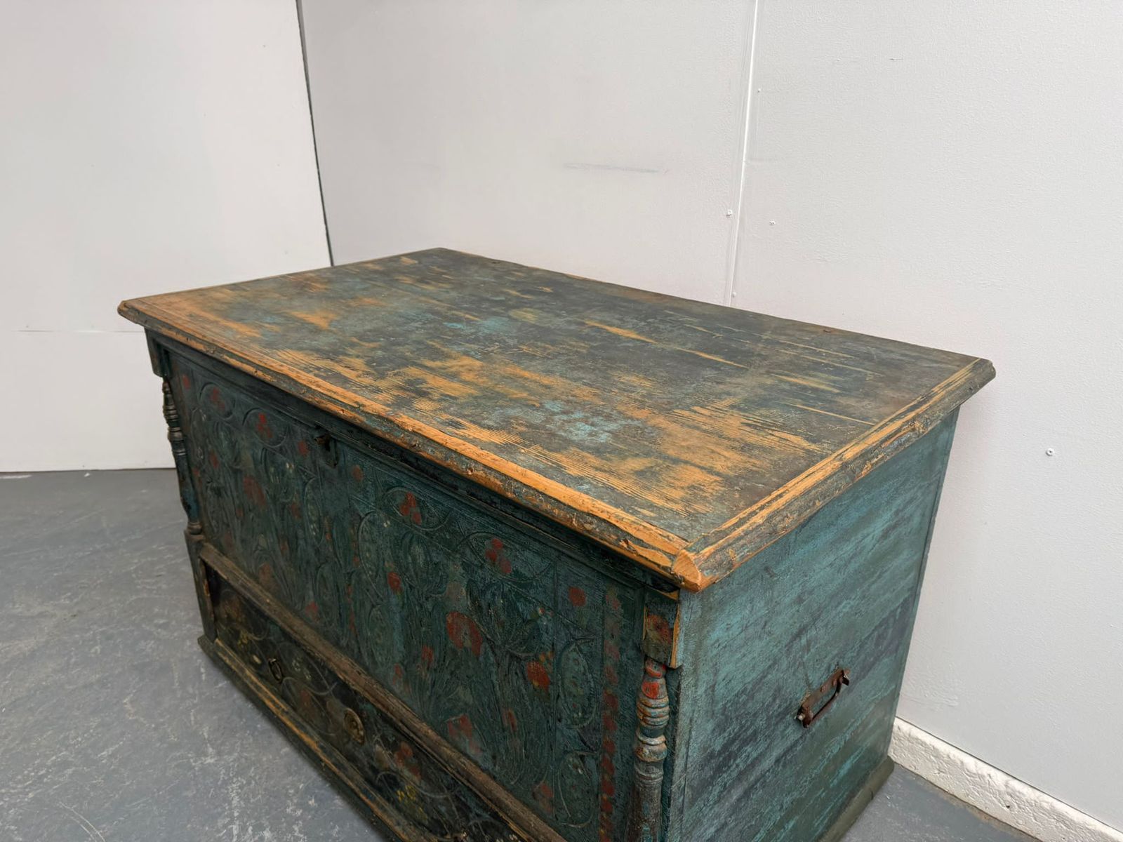 A Truly Amazing Genuine Hungarian Georgian Painted Teal Large Mule Chest photo Furniture