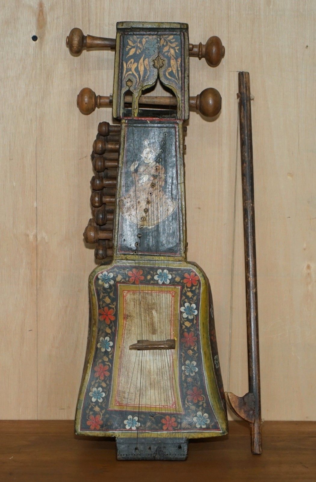 Hand Painted Antique Circa 1860 Indian Sindhi Sarangi Musical Instrument photo furniture