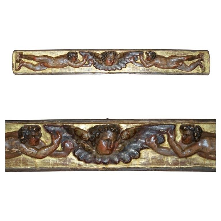 Antique Baroque Giltwood Carved, Polychrome Painted 18th Century Putti Supraport