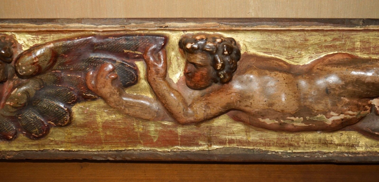 Antique Baroque Giltwood Carved, Polychrome Painted 18th Century Putti Supraport photo vinterior