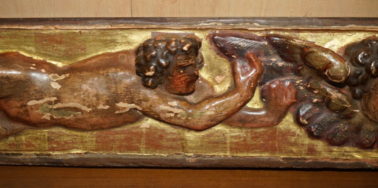 Antique Baroque Giltwood Carved, Polychrome Painted 18th Century Putti Supraport photo buy