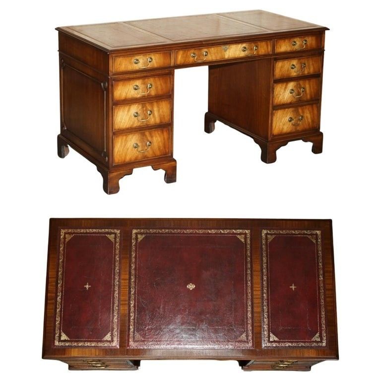 Lovely Bevan Funnell Mahogany Partner Desk Oxblood Gold Leaf Tooled Leather Top