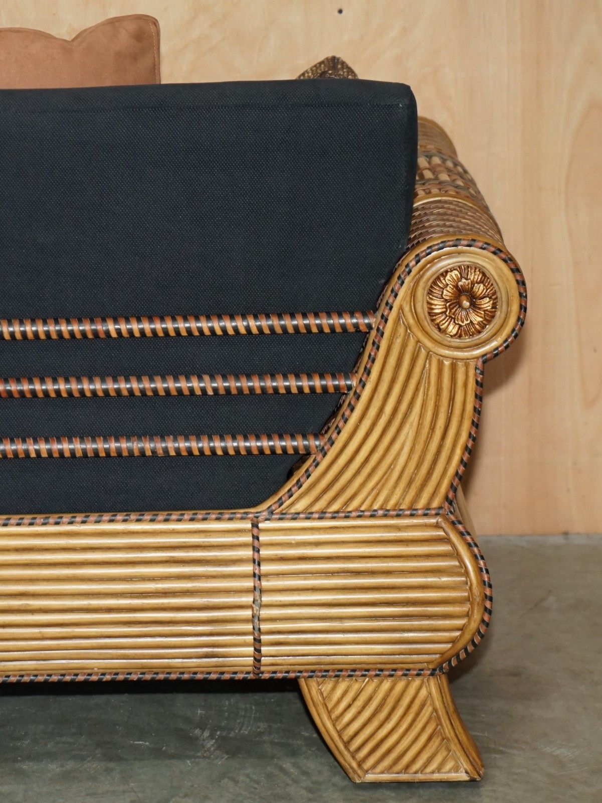 photo vintage Stunning Vintage 1970's Moroccan Bamboo Framed Sofa With Aztec Style Patterns