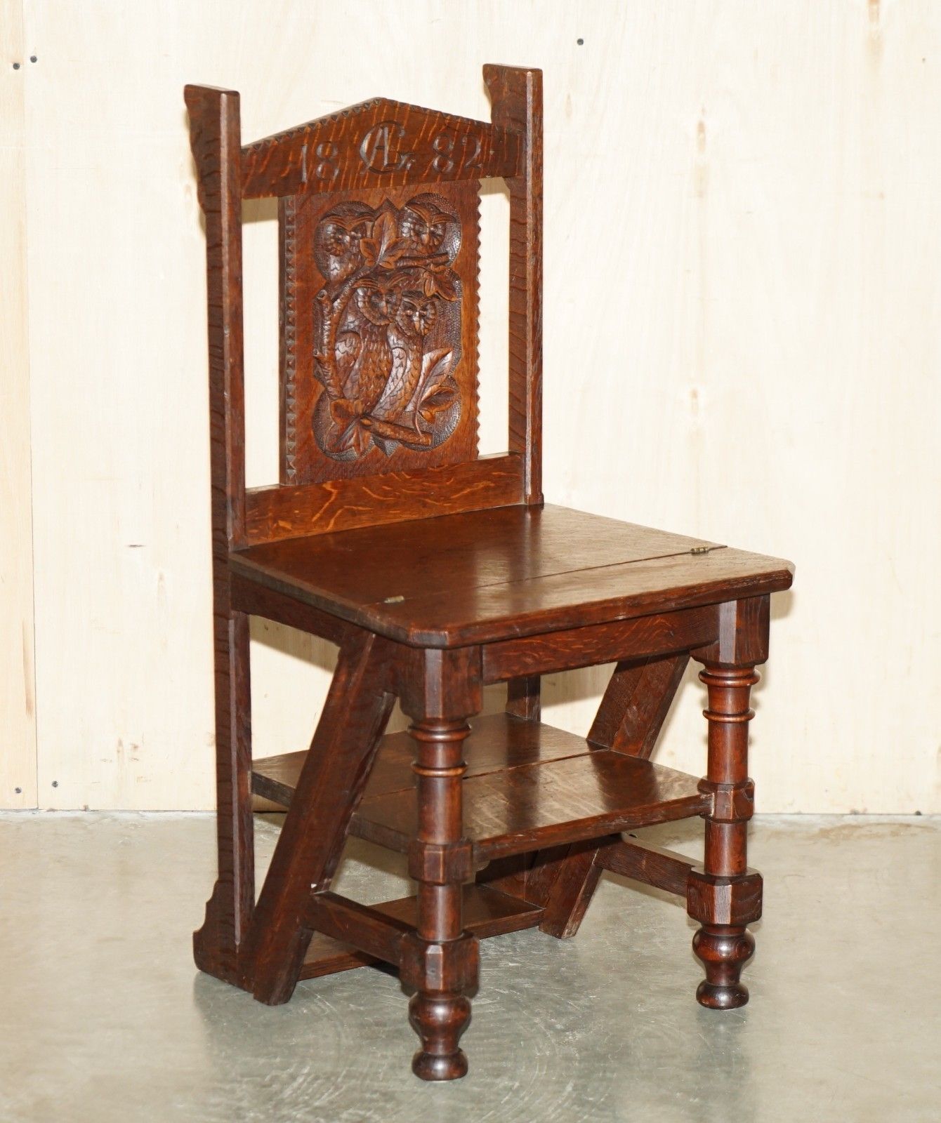 Lovely Super Rare Antique 1882 Dated Owl Carved Metamorphic Library Steps Chair photo furniture