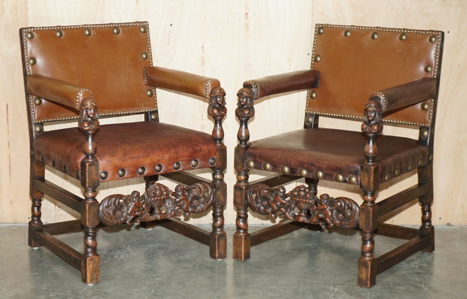 Pair Or Ornately Hand Carved Antique Jacobean Revival Edwardian Throne Armchairs photo furniture