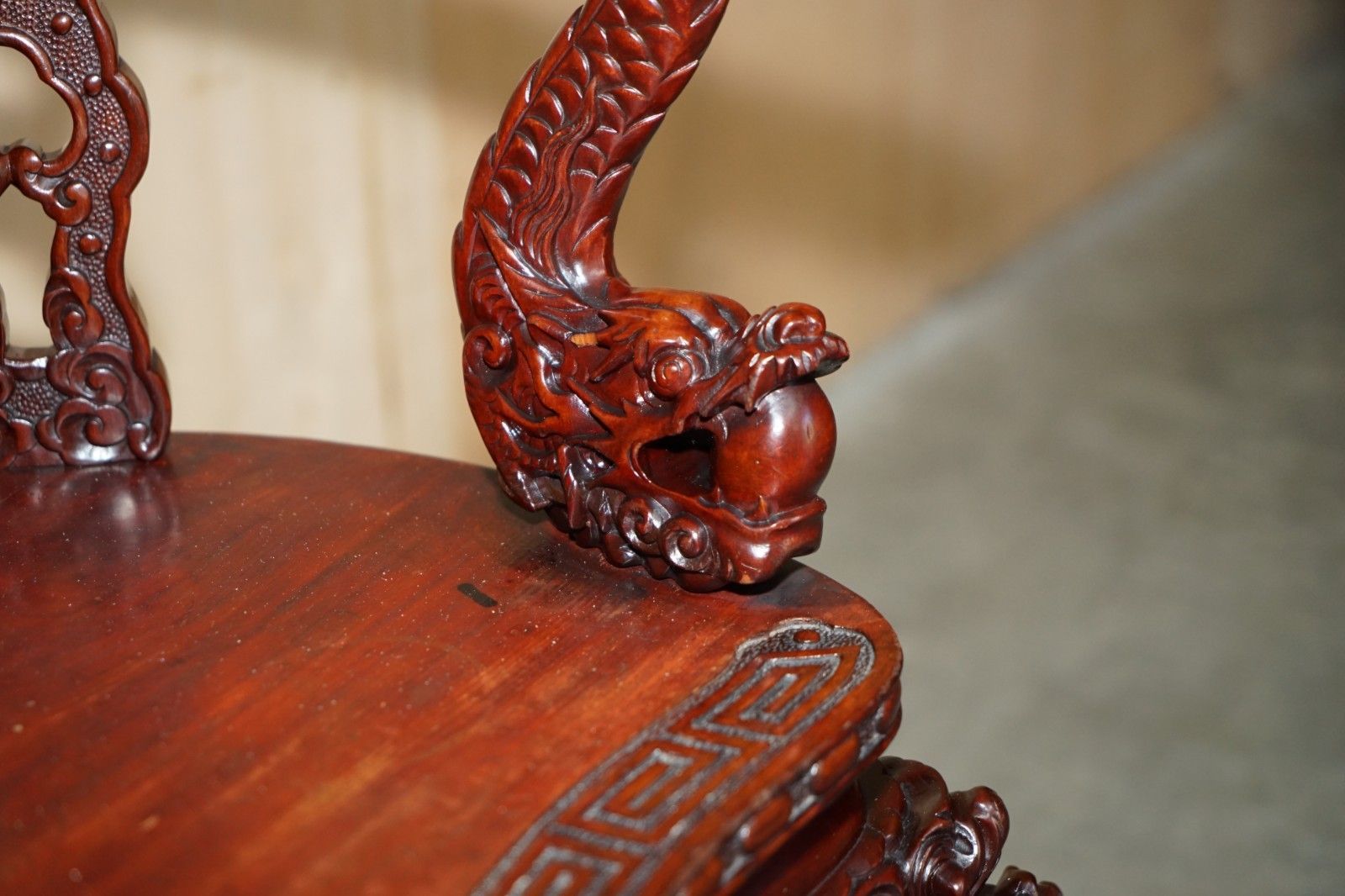 Furniture Antique Chinese Dragon Circa 1920's Ornate Deep Red Lacquered Throne Armchair photo