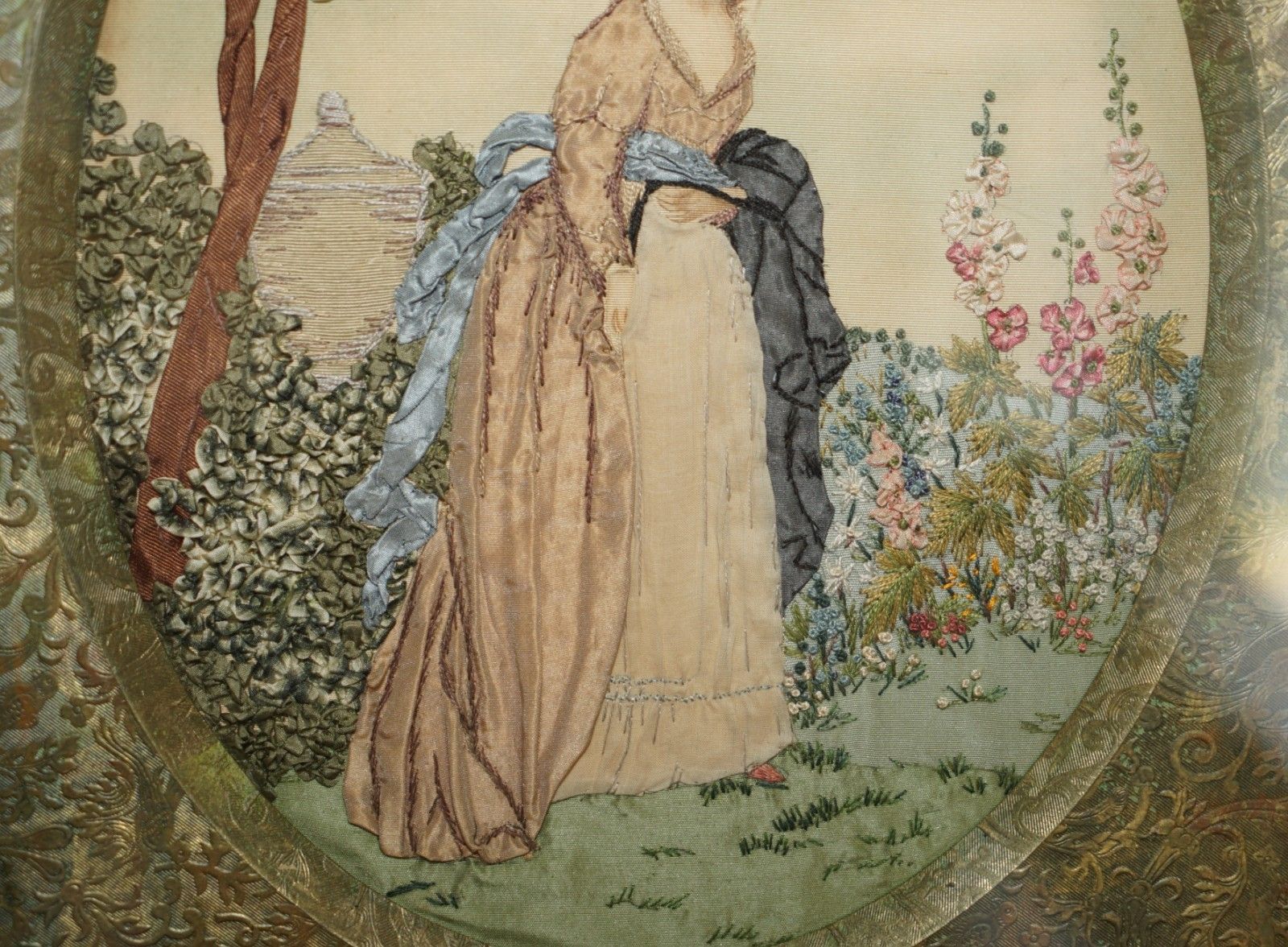 19th Century Silk & Wool Work Stumpwork Embroidery Tapestry Stunning Boarder photo Art
