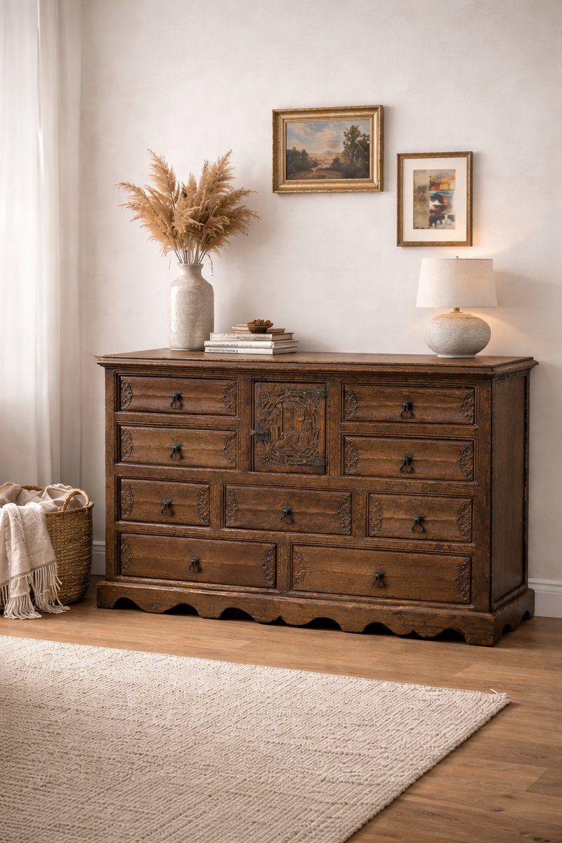 Antique Chest Of Drawers In Black Forest Carved Oak, 1800s photo Furniture