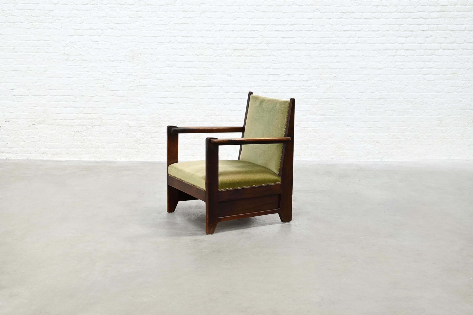 Hague School Sculptural Armchair, Stained Oak, The Netherlands, 1920s photo furniture