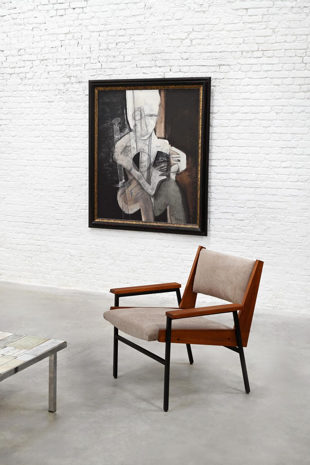 Pair Of Modernist Armchairs In Wood And Metal, 1950s photo vintage