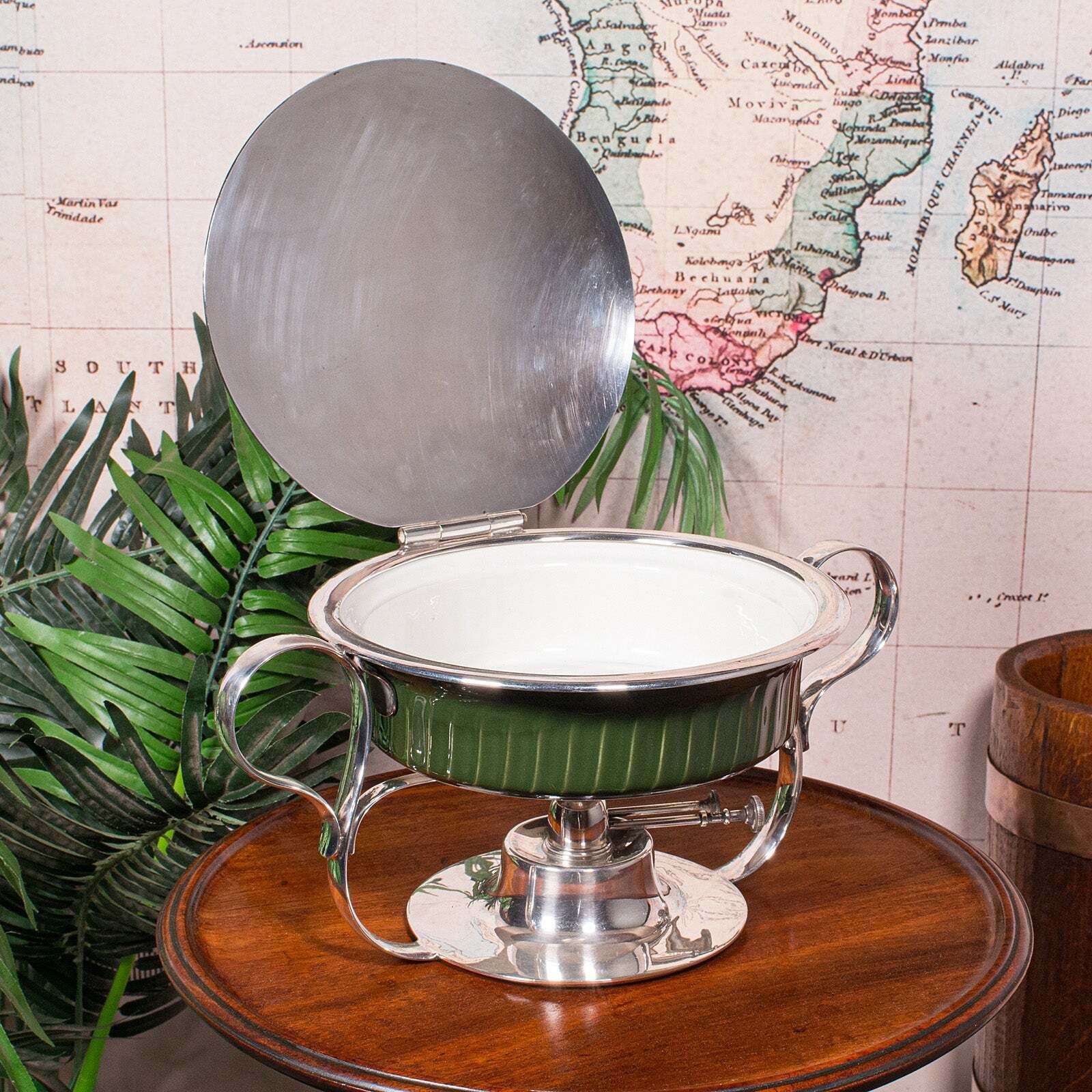 Antique Food Warmer, English Ceramic, Silver Plate, Chafing Heat Dish, Edwardian photo furniture